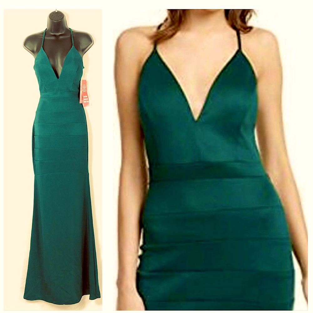 Emerald Sundae Teal Green Plunge Halter Prom Dress - Size Small